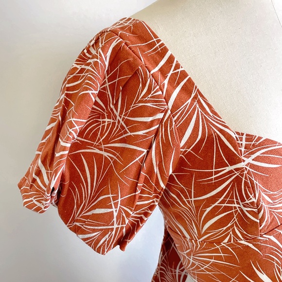 NEW Linen Crop Top Back Tie Brown White Patterned Puff Sleeves Sweetheart - Picture 7 of 10